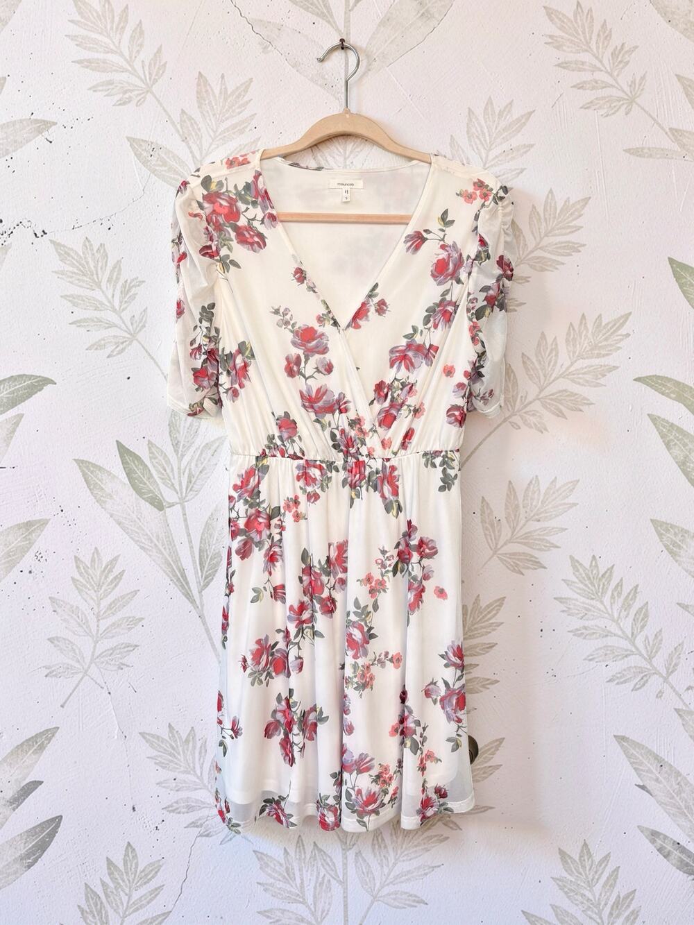 Maurices Womens S Floral Mesh Dress Ivory Red Roses Faux Wrap Ruched Sleeve